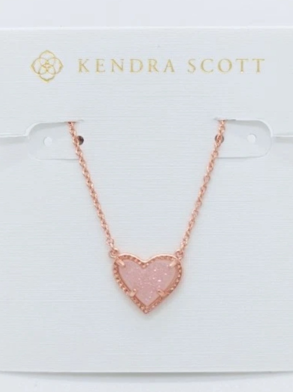 Kendra Scott Ari Heart Rose Gold Necklace Light Pink Drusy NWT